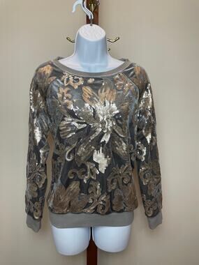 Soft Surroundings Fleece Sequin Floral Sweatshirt Size XS Gray NWT